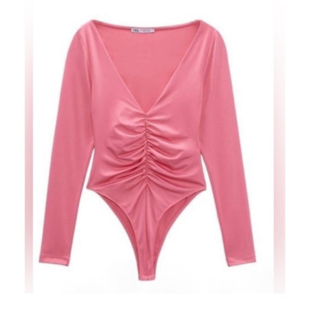 NWT Zara Ruched Effect Long Sleeve Thong Bodysuit Bright‎ Pink Small Barbiecore